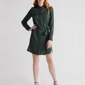 Quince Washable Silk Long Sleeve Collared Shirt Dress Green XS